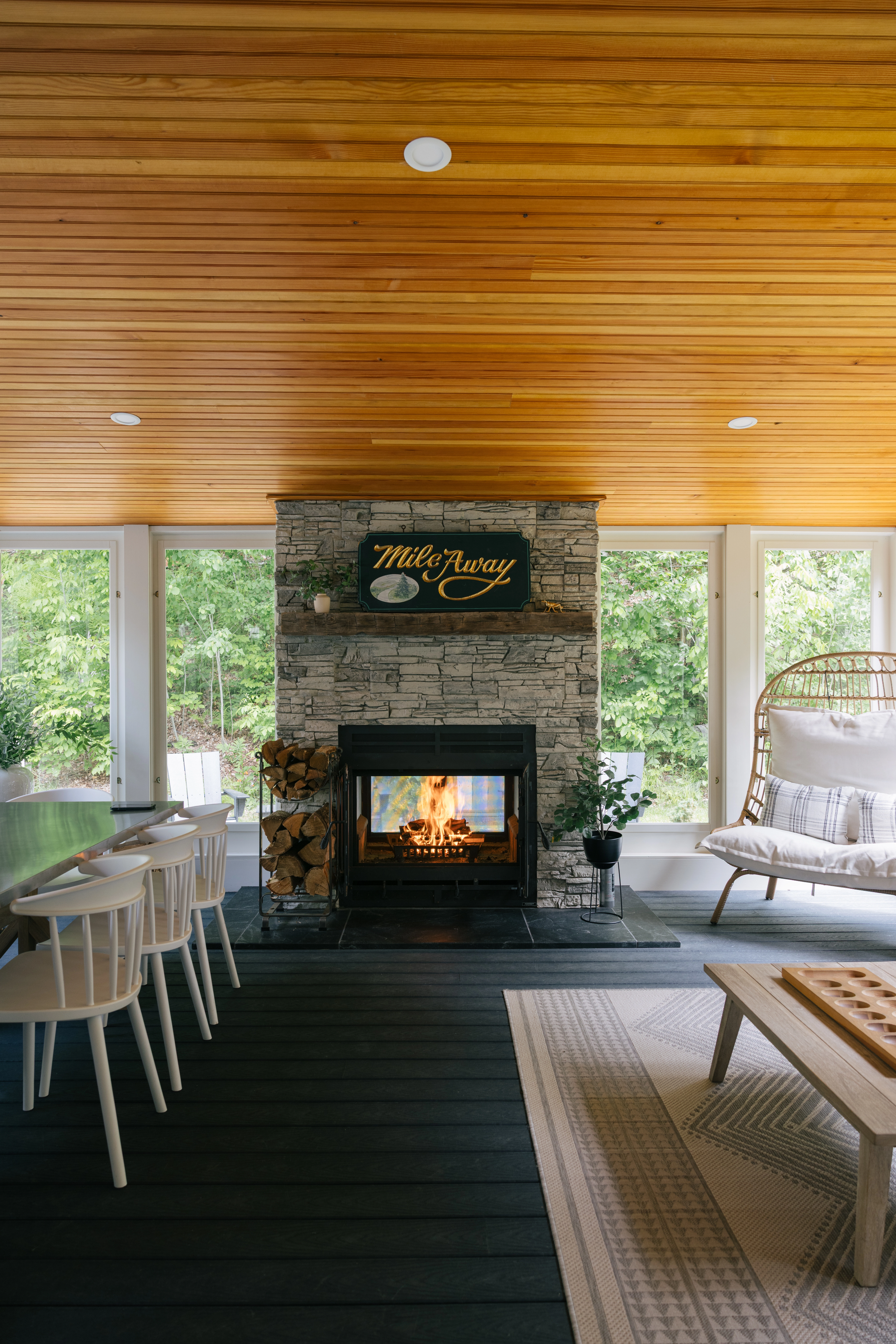 fireplace in inside porch